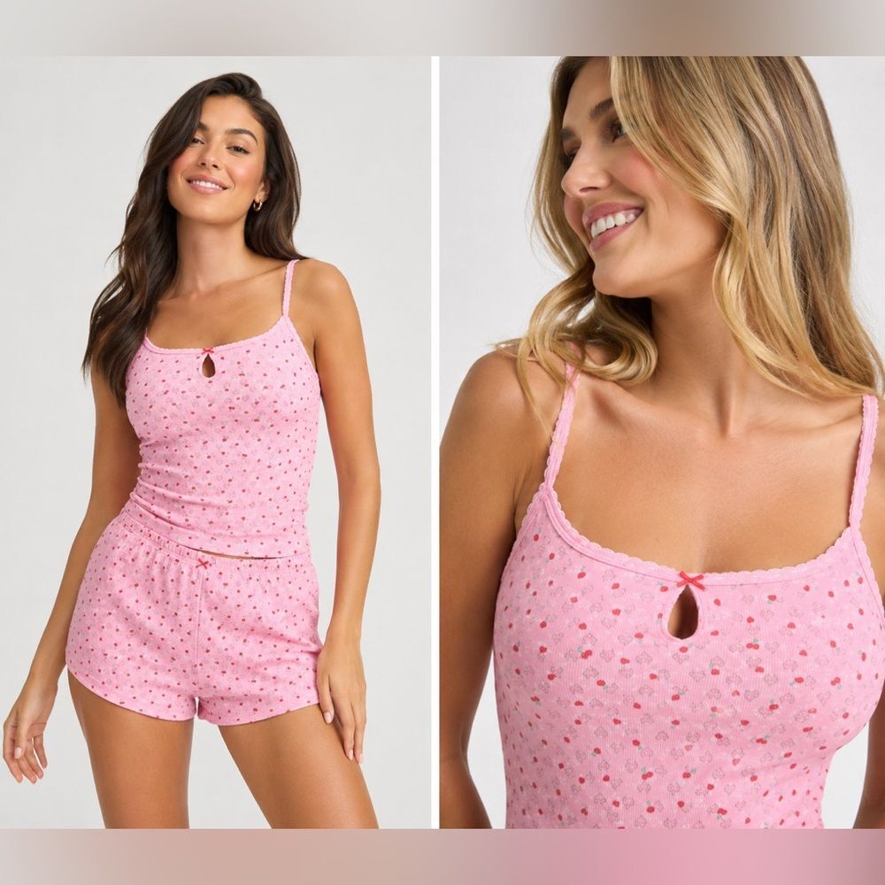 VS P.I.N.K. SZ XXL Cotton Heart Pointelle Cami Tank Petal Pink Hearts Cherries 🍒